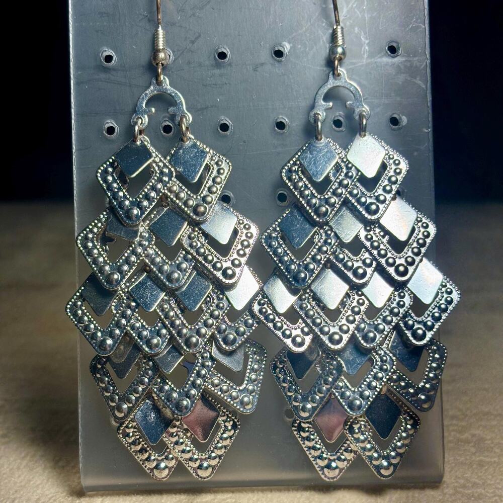 Silver Tone Chandelier Earrings Square Drop, Vintage 1990s
